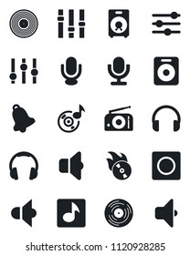 Set of vector isolated black icon - vinyl vector, flame disk, radio, speaker, settings, microphone, headphones, tuning, bell, record, music, sound