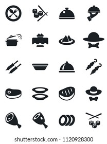 Set of vector isolated black icon - spoon and fork vector, dish, restaurant table, serviette, plates, waiter, dress code, steak, kebab, ham, bowl, steaming pan, sushi