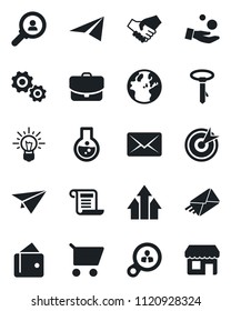Set of vector isolated black icon - target vector, consumer search, arrow up graph, gear, handshake, wallet, earth, investment, idea, cart, flask, case, paper plane, mail, contract, tie, storefront