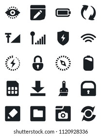Set of vector isolated black icon - update vector, protect, themes, sim, folder, notes, download, wireless, compass, lock, eye id, photo gallery, cellular signal, battery, charge