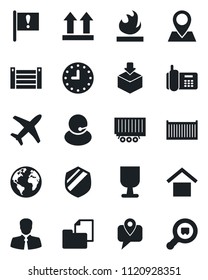 Set of vector isolated black icon - earth vector, pin, important flag, plane, office phone, support, client, mobile tracking, truck trailer, cargo container, clock, folder document, fragile, package