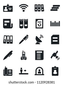 Set of vector isolated black icon - escalator vector, reception, identity card, book, pen, document, reload, office phone, barcode, satellite antenna, radio, wireless, news, paper binder, tray, pass