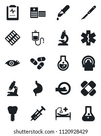 Set of vector isolated black icon - syringe vector, dropper, microscope, pills, blister, scalpel, patch, tomography, ambulance star, hospital bed, stomach, implant, eye, pulse clipboard, flask