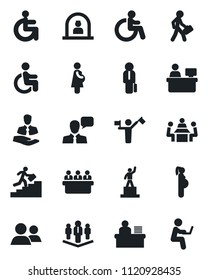 Set of vector isolated black icon - dispatcher vector, disabled, reception, pedestal, meeting, manager place, pregnancy, client, speaker, group, desk, career ladder, company, man with notebook