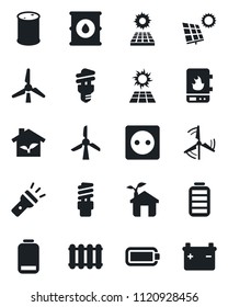 Set of vector isolated black icon - oil barrel vector, battery, low, torch, sun panel, windmill, eco house, socket, water heater, radiator, energy saving bulb