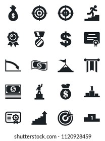 Set of vector isolated black icon - growth statistic vector, dollar sign, pedestal, medal, target, career ladder, motivation, money bag, pennon, crisis, cash, certificate