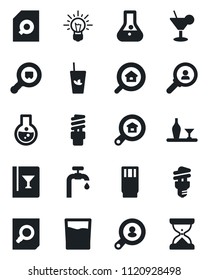 Set of vector isolated black icon - document search vector, cargo, water supply, estate, client, alcohol, wine card, drink, cocktail, phyto bar, energy saving bulb, consumer, idea, flask, sand clock