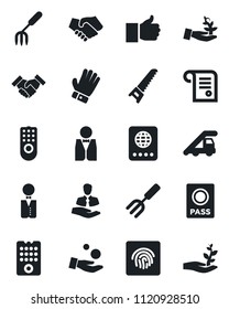 Set of vector isolated black icon - passport vector, ladder car, garden fork, glove, saw, client, finger up, fingerprint id, handshake, waiter, remote control, palm sproute, investment, contract