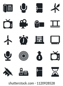 Set of vector isolated black icon - abacus vector, film frame, vinyl, tv, video camera, microphone, alarm, office phone, rolling pin, fridge, windmill, money bag, sand clock