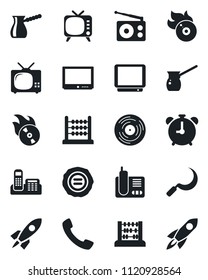 Set of vector isolated black icon - alarm clock vector, abacus, stamp, sickle, vinyl, flame disk, radio, tv, phone, call, office, turkish coffee, rocket