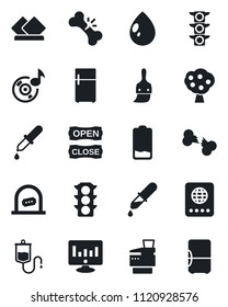Set of vector isolated black icon - ticket office vector, passport, statistic monitor, water drop, dropper, broken bone, traffic light, low battery, themes, music, copier, fruit tree, open close