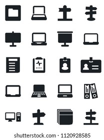 Set of vector isolated black icon - identity vector, office binder, notebook pc, document, pulse clipboard, signpost, laptop, folder, presentation board, blank box, pass card, guidepost