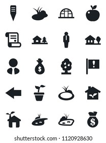 Set of vector isolated black icon - left arrow vector, manager, contract, seedling, plant label, greenhouse, pond, important flag, house with tree, fruit, estate agent, apple, eco, money bag