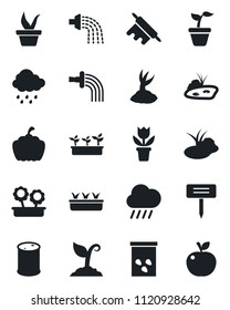 Set of vector isolated black icon - flower in pot vector, seedling, watering, sproute, rain, plant label, pumpkin, seeds, pond, oil barrel, rolling pin, apple fruit