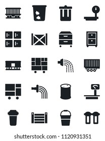 Set of vector isolated black icon - trash bin vector, checkroom, bucket, watering, railroad, truck trailer, container, consolidated cargo, oil barrel, heavy scales, archive box, water filter
