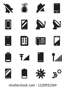 Set of vector isolated black icon - satellite antenna vector, mobile phone, virus, cell, low battery, back, sim, mute, cellular signal, office, sun panel