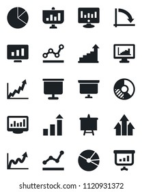 Set of vector isolated black icon - growth statistic vector, presentation board, crisis graph, monitor, circle chart, statistics, pie, point, arrow up
