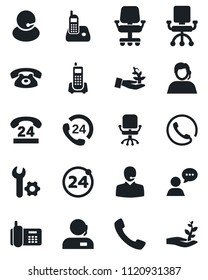 Set of vector isolated black icon - 24 around vector, office chair, phone, hours, support, speaker, radio, call, root setup, palm sproute