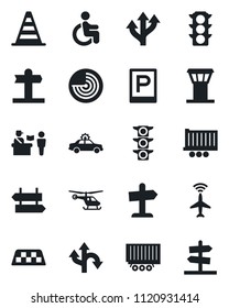 Set of vector isolated black icon - airport tower vector, plane radar, taxi, parking, passport control, signpost, alarm car, border cone, helicopter, disabled, route, traffic light, truck trailer