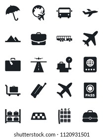 Set of vector isolated black icon - plane vector, runway, taxi, suitcase, baggage trolley, airport bus, umbrella, passport, seat map, luggage storage, scales, globe, mountains, case