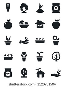 Set of vector isolated black icon - flower in pot vector, seedling, tree, sproute, plant label, fertilizer, fruit, salad, apple, eco house, palm