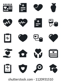 Set of vector isolated black icon - heart vector, pulse, diagnosis, blood pressure, diagnostic, shield, hand, real, medical calendar, clipboard, sweet home