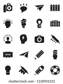 Set of vector isolated black icon - automatic door vector, brainstorm, bulb, camera, pencil, fence, rolling pin, energy saving, shining head, paper plane, crisis management