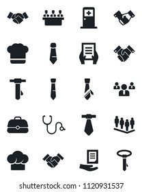 Set of vector isolated black icon - medical room vector, handshake, team, tie, document, stethoscope, meeting, cook hat, case