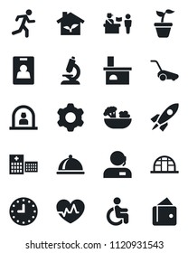 Set of vector isolated black icon - passport control vector, reception, seedling, lawn mower, fireplace, greenhouse, heart pulse, microscope, run, disabled, hospital, clock, settings, identity card