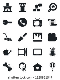 Set of vector isolated black icon - airport tower vector, phone, plane globe, notebook pc, trowel, watering can, lawn mower, broken bone, virus, film frame, video camera, speaker, scanner, key, tv