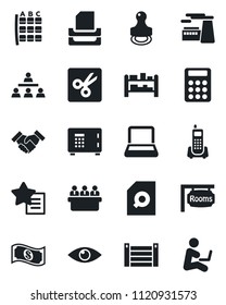 Set of vector isolated black icon - seat map vector, safe, meeting, factory, eye, office phone, container, rack, favorites list, cut, document search, calculator, paper tray, notebook pc, hierarchy