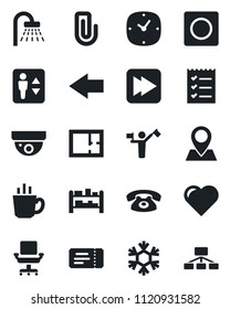 Set of vector isolated black icon - dispatcher vector, elevator, ticket, shower, left arrow, heart, pin, rack, fast forward, clock, record, paper clip, office chair, checklist, plan, phone, coffee