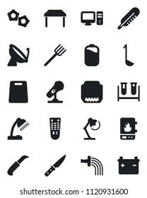 Set of vector isolated black icon - satellite antenna vector, gear, farm fork, watering, garden knife, blood test vial, thermometer, microphone, remote control, hdmi, battery, desk lamp, table, pc