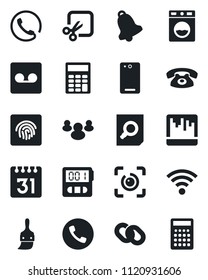 Set of vector isolated black icon - phone vector, document search, chain, group, back, themes, stopwatch, bell, record, scanner, calendar, wireless, cut, eye id, fingerprint, calculator, washer