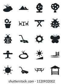 Set of vector isolated black icon - cafe vector, flower in pot, lawn mower, butterfly, lady bug, sun, pond, picnic table, brightness, pool, fruit tree, mountains, restaurant, alcove