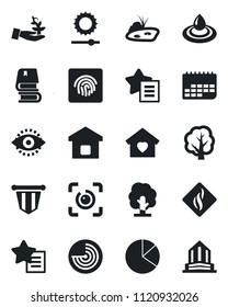 Set of vector isolated black icon - radar vector, pennant, tree, term, favorites list, brightness, eye id, fingerprint, pie graph, book, pond, sweet home, smart, water, smoke detector, palm sproute