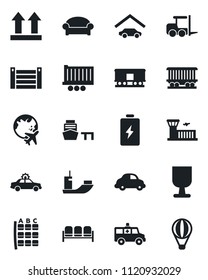 Set of vector isolated black icon - waiting area vector, alarm car, fork loader, seat map, plane globe, airport building, ambulance, railroad, sea shipping, truck trailer, delivery, port, container