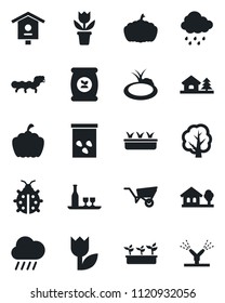 Set of vector isolated black icon - flower in pot vector, tree, wheelbarrow, lady bug, seedling, rain, pumpkin, seeds, caterpillar, pond, bird house, fertilizer, tulip, with, alcohol, irrigation
