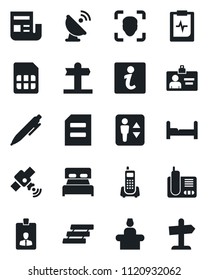 Set of vector isolated black icon - elevator vector, reception, identity card, pen, document, pulse clipboard, signpost, office phone, satellite antenna, radio, sim, face id, news, paper tray