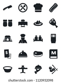 Set of vector isolated black icon - cook vector, dish, restaurant table, serviette, cafe, hat, menu, drink, bacon, waiter, salt and pepper, building, receipt, steak, ham, bowl, knife, sushi