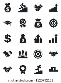 Set of vector isolated black icon - handshake vector, growth statistic, dollar sign, pedestal, medal, graduate, money bag, sertificate, target, career ladder, arrow up graph