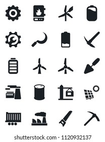 Set of vector isolated black icon - gear vector, factory, trowel, saw, sickle, truck trailer, oil barrel, battery, low, root setup, sun panel, windmill, crane, water heater, hard work