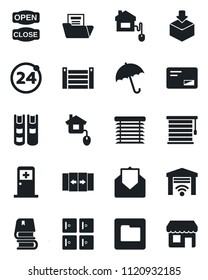 Set of vector isolated black icon - 24 around vector, automatic door, umbrella, medical room, checkroom, container, package, mail, folder, document, book, open close, home control, jalousie