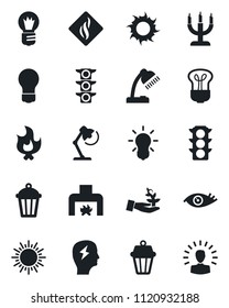 Set of vector isolated black icon - sun vector, brainstorm, bulb, fire, garden light, eye, traffic, desk lamp, fireplace, candle, smoke detector, outdoor, palm sproute, shining head