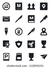 Set of vector isolated black icon - parking vector, no mobile, laptop, pen, plant label, heart shield, navigation, fragile, up side sign, sd, cut, place tag, sertificate, sale, menu, paper plane