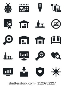 Set of vector isolated black icon - no laptop vector, contract, statistic monitor, lady bug, plant label, blood test vial, heart diagnostic, shield, medical calendar, warehouse, package, sertificate