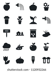 Set of vector isolated black icon - flower in pot vector, seedling, watering, sproute, rain, plant label, pumpkin, seeds, pond, tulip, house with tree, apple fruit, water filter