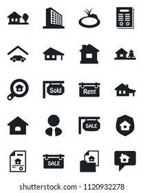 Set of vector isolated black icon - office building vector, house, pond, contract, with garage, tree, estate document, sale, rent, sold signboard, search, agent, insurance, home message