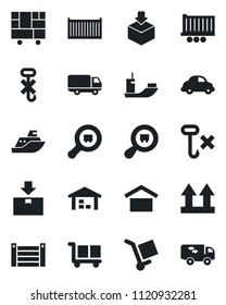 Set of vector isolated black icon - sea shipping vector, truck trailer, cargo container, car delivery, consolidated, warehouse storage, up side sign, no hook, package, search, moving