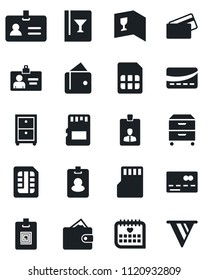 Set of vector isolated black icon - credit card vector, identity, medical calendar, sd, sim, archive box, wine, pass, wallet, pennon